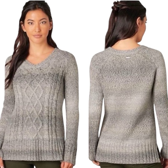 Prana | Womens Sweater Liesel Gray Striped Chunky Cable Knit V Neck Size Large - Picture 1 of 6